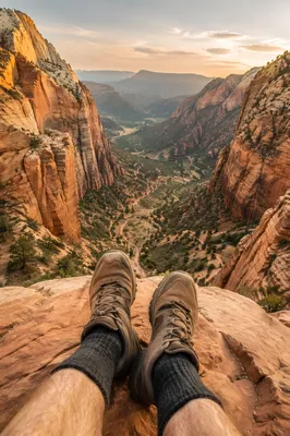 Hiking Boots Over Golden Desert Canyon