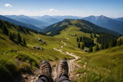 Hiking Boots Over Alpine Trail View