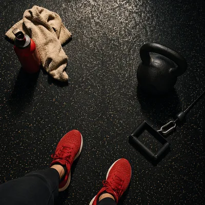 Dramatic Kettlebell and Red Shoes Workout Floor