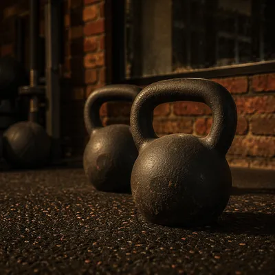 Dramatic Kettlebells on Dark Gym Floor