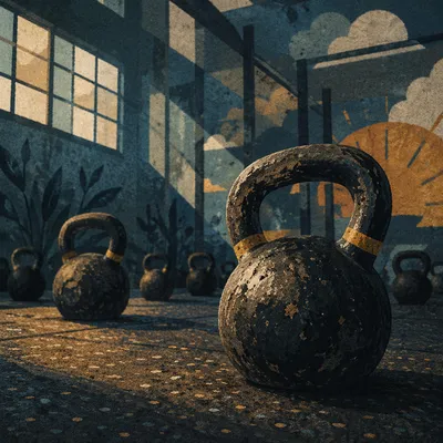 Dramatic Kettlebells on Gym Floor Closeup