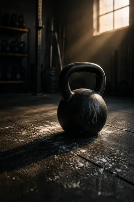 Dramatic Kettlebell on Shadowed Gym Floor