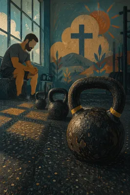 Dramatic Kettlebells on Gym Floor Closeup