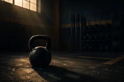 Dramatic Kettlebell on Shadowed Gym Floor