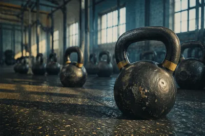 Dramatic Kettlebells on Gym Floor Close-Up