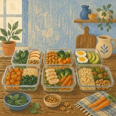 Organized Healthy Meal Prep on Rustic Table