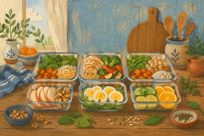 Organized Healthy Meal Prep on Rustic Table