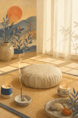 Serene Meditation Cushion with Candles and Incense