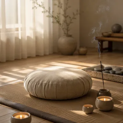 Serene Meditation Cushion with Candles and Incense