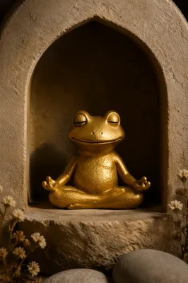 Golden Frog Meditating in Stone Alcove