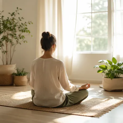 Peaceful Cross Legged Meditation in Sunlit Studio