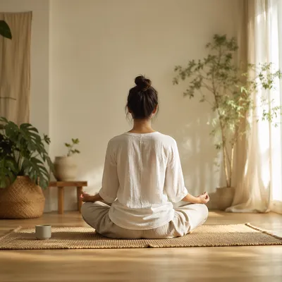 Peaceful Cross Legged Meditation in Sunlit Room