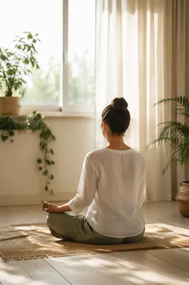 Peaceful Cross-Legged Meditation in Sunlit Studio