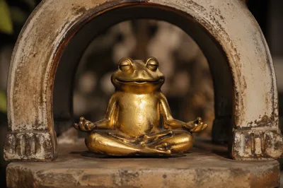 Peaceful Golden Frog Meditation Under Garden Arch