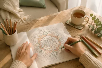 Mindfulness Coloring Session with Pencils and Tea