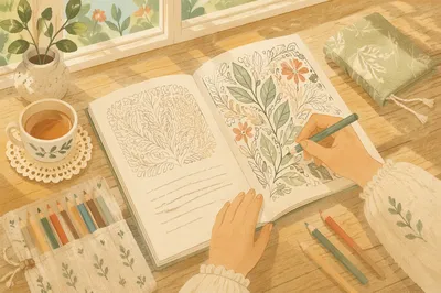 Mindful Coloring Session with Pencils and Tea