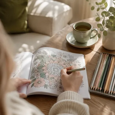 Mindfulness Coloring with Pencils and Tea