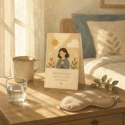 Morning Affirmation Card in Sunlit Bedroom