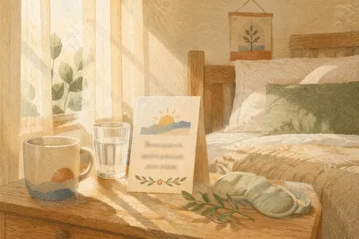 Morning Affirmation Card in Sunlit Bedroom