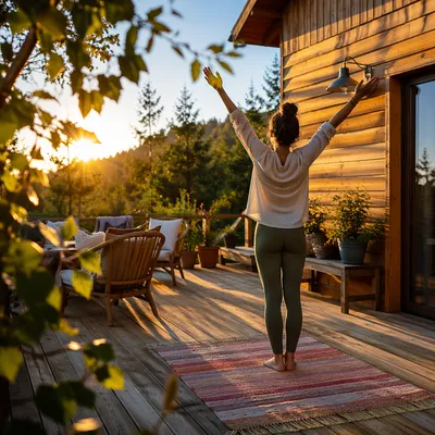 Morning Sun Salutation on Wooden Terrace