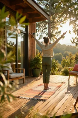 Morning Sun Salutation on Wooden Terrace