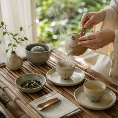 Serene Organic Tea Ceremony with Ceramic Cups