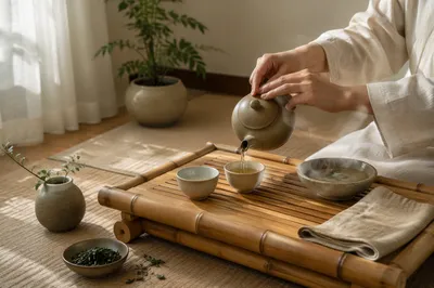 Serene Organic Tea Ceremony with Ceramic Cups