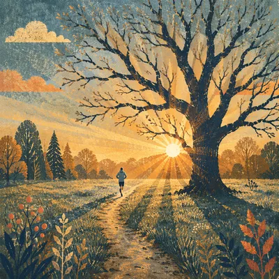 Sunrise Jogging Path with Golden Tree Silhouette