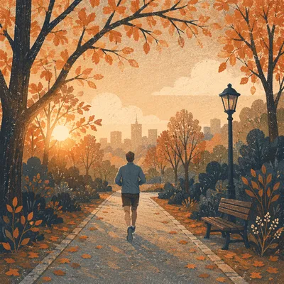 Golden Sunrise Runner on Autumn Park Path