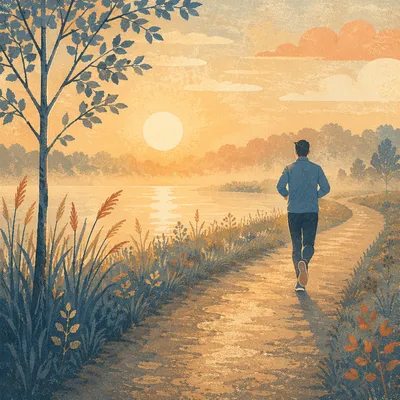 Peaceful Sunrise Jogger by Lakeside Path