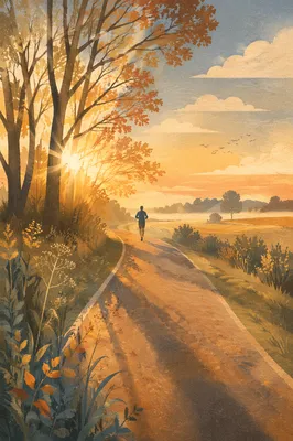 Golden Sunrise Jogging Path Through Countryside