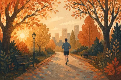 Golden Sunrise Jogging Path in Autumn Park