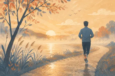 Sunrise Jogger on Peaceful Lakeside Path