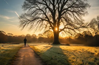 Sunrise Jogging Path with Golden Tree