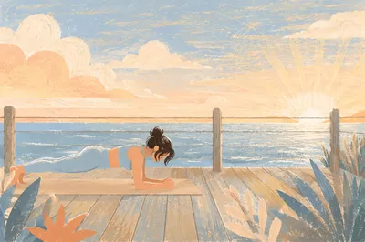 Sunrise Beach Plank Wellness Scene