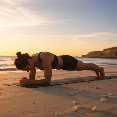 Sunrise Beach Plank Workout Scene