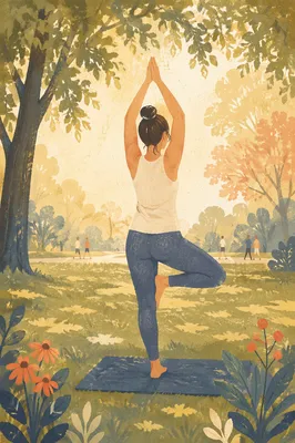 Peaceful Morning Yoga Tree Pose in Park