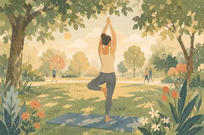 Morning Yoga Tree Pose in Peaceful Park