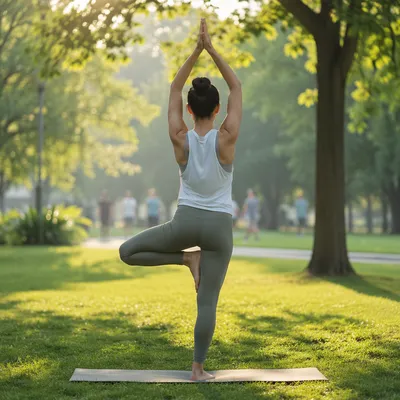 Morning Yoga Tree Pose in Peaceful Park
