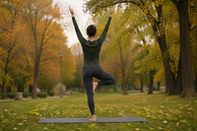 Mindful Tree Pose in Autumn Park