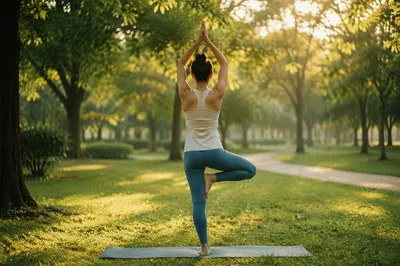 Morning Yoga Tree Pose in Peaceful Park