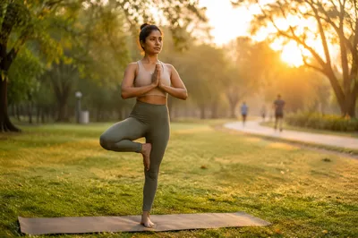 Woman Practicing Tree Pose in Park