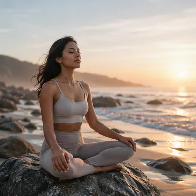 Woman Meditating by Ocean Waves at Sunrise