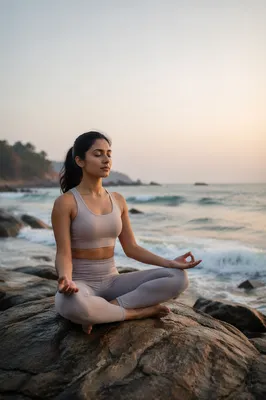 Woman Meditating by Ocean at Dawn