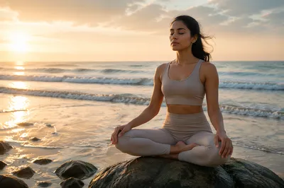 Woman Meditating on Coastal Rock at Sunrise