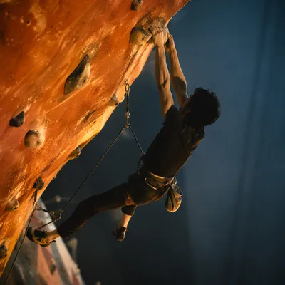 Indoor Climber Gripping Overhanging Gym Wall