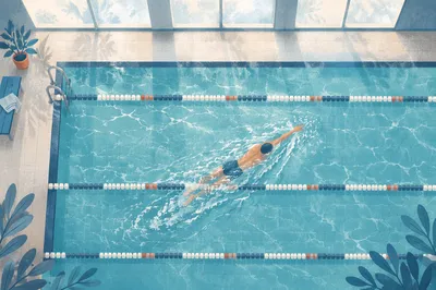 Overhead Swimmer in Serene Indoor Pool