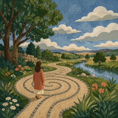 Peaceful Labyrinth Walk in Garden Meadow