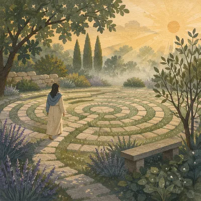 Person Walking Garden Labyrinth at Sunrise