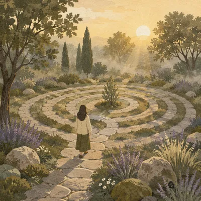Person Walking Garden Labyrinth at Sunrise